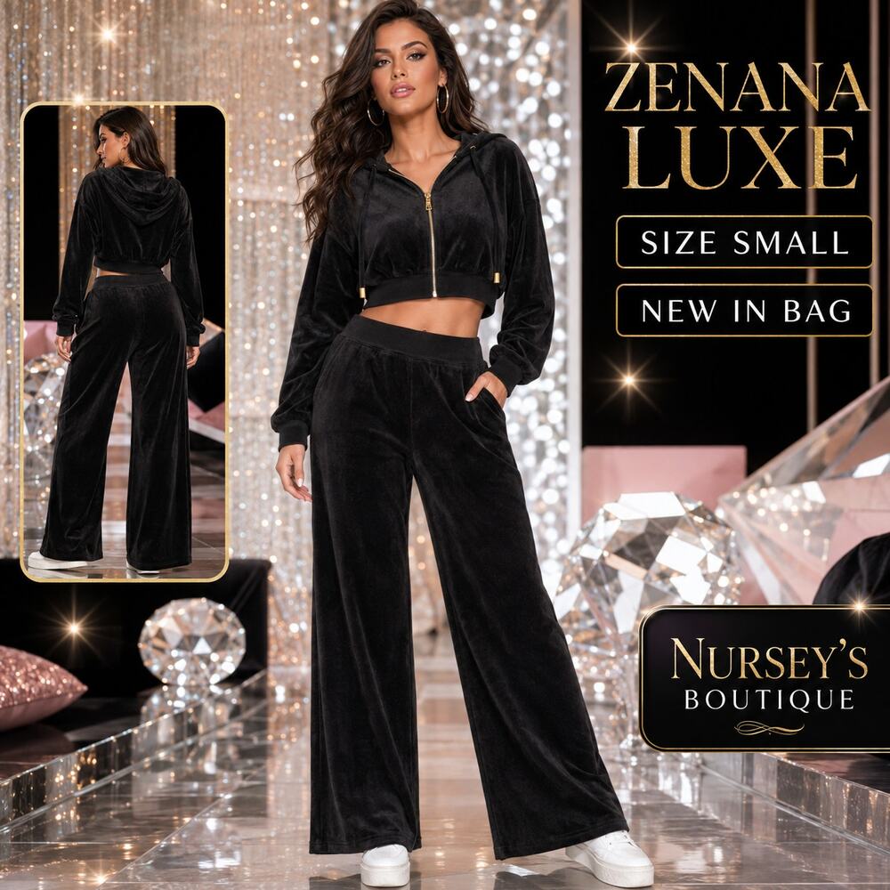 Zenana Luxe Small Black Velour Cropped Hoodie Wide Leg Pants Set